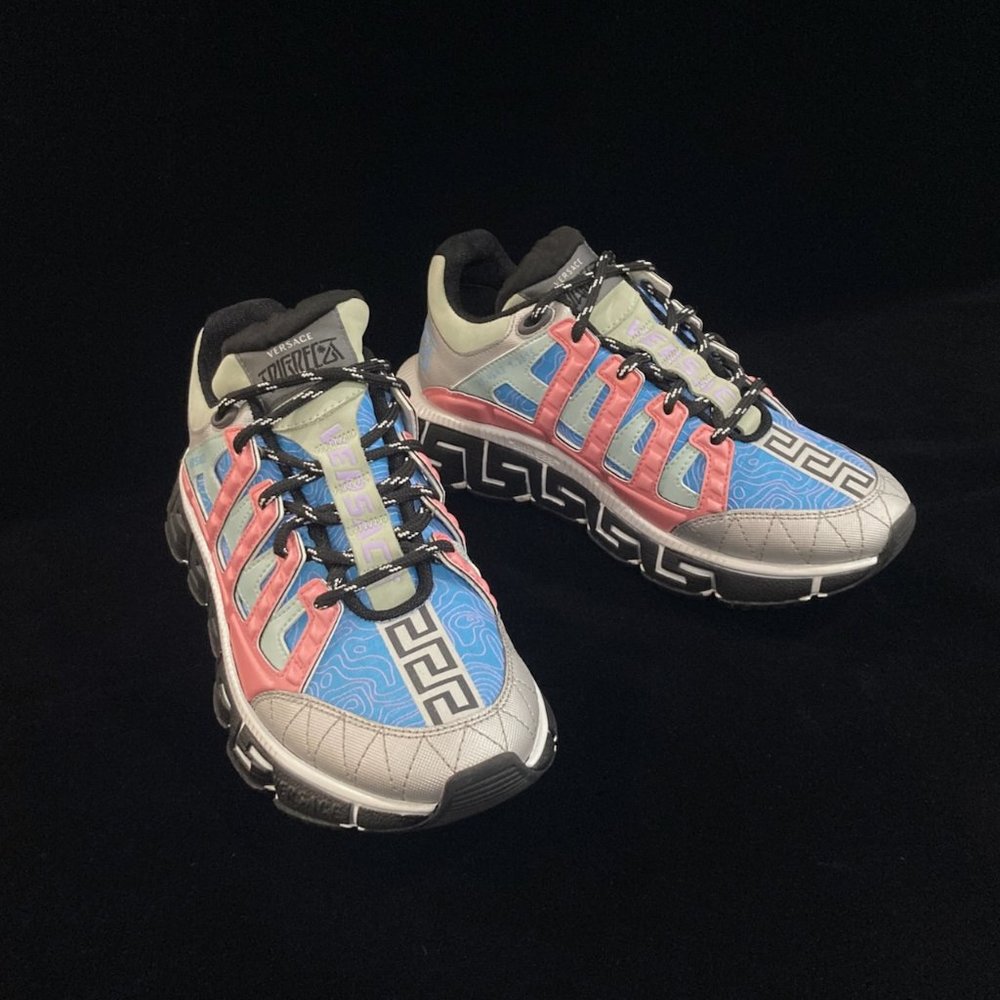VERSACE Trigreca Lace-Up Sneakers / Size 38 / Silver Argento, Sky, Bright Coral